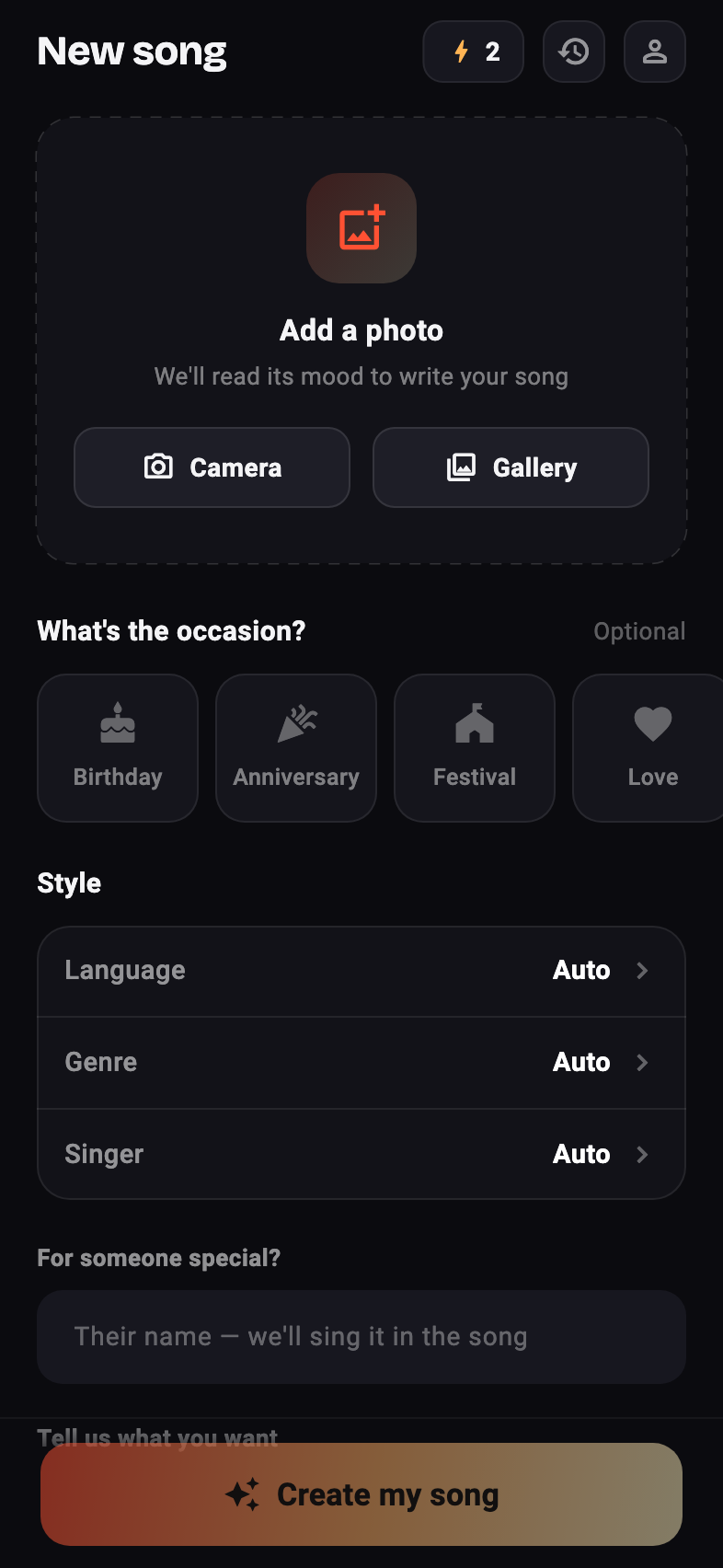 Choosing a photo, with optional language and genre chips